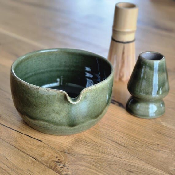 Green Handmade Matcha Bowl with Spout Set, Ma...
