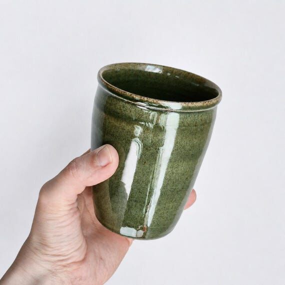 Stoneware Dark Green Mug, Pottery Tumbler, Ce...