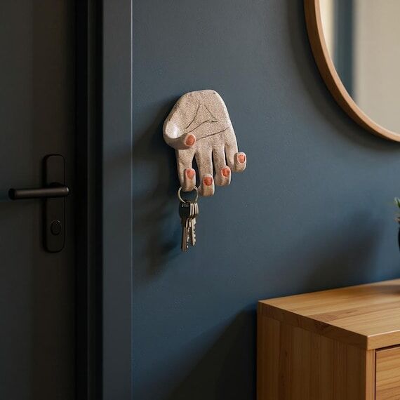 Handmade Ceramic Hand Wall Hook, Surreal Clay...