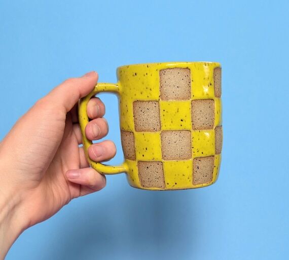 Handmade Ceramic Mug in Glossy Yellow Checker...