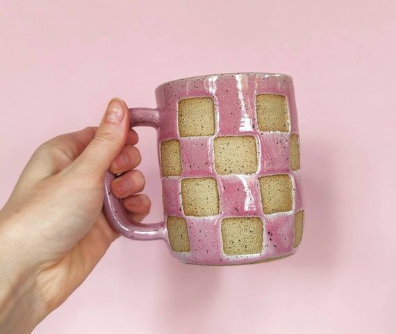 Handmade Ceramic Mug: Glossy Pink Checkerboar...