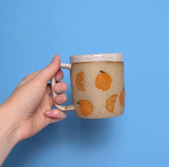 Handmade Ceramic Mug in Orange Stamp...