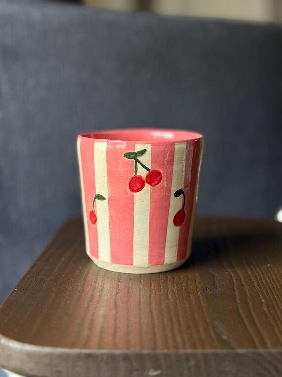 Cherry Pink Striped Handmade Ceramic Tumbler ...