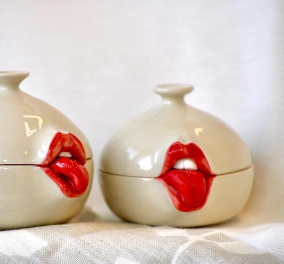 Ceramic Lidded Jar with sculpted toungue doug...