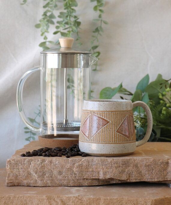Handmade Ceramic Mug, Geometric Design, Wheel...