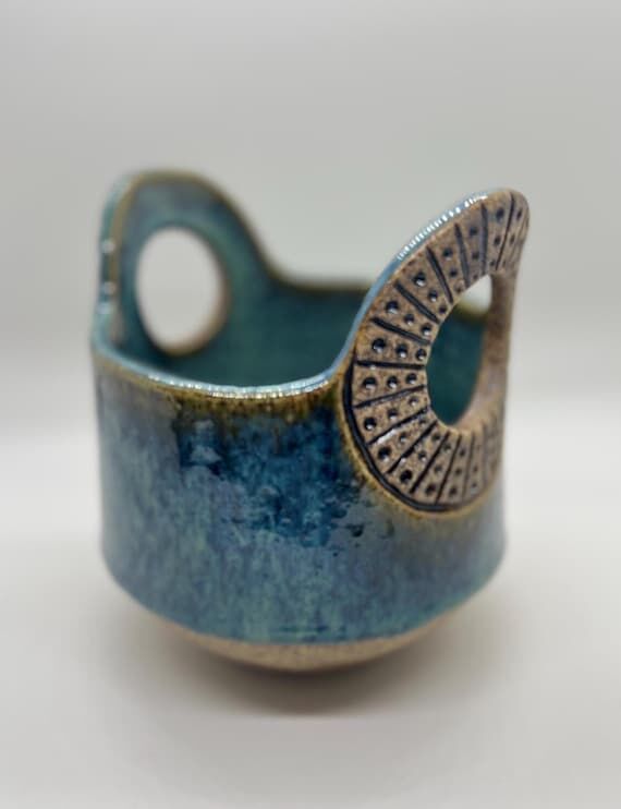 Handmade Stoneware Basket with Carved Handles...