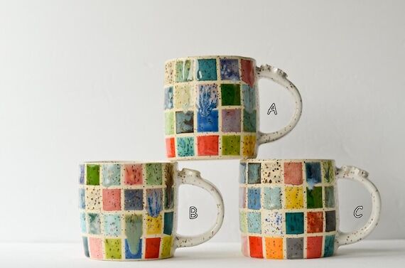 Handmade Checkered Ceramic Mug: Hand-Painted ...