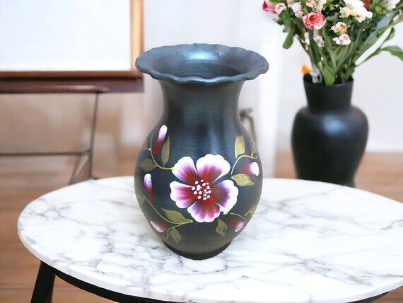 Handmade Black Ceramic Vase: Pink Painted Pan...