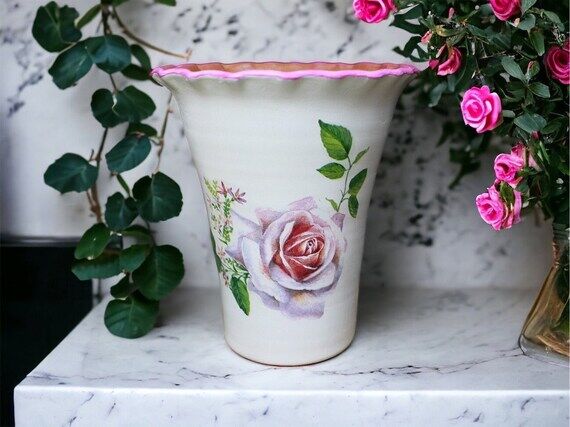 Handmade Ceramic Rose Vase: Decoupage Floral ...