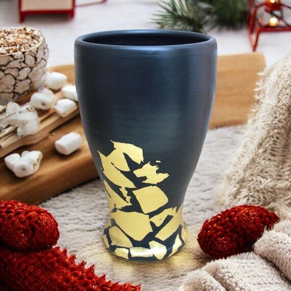 Handmade Black Ceramic Vase: Gold Leaf Accent...