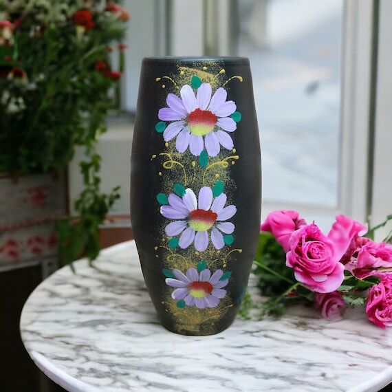 Handmade Ceramic Vase: Black Pottery with Pur...