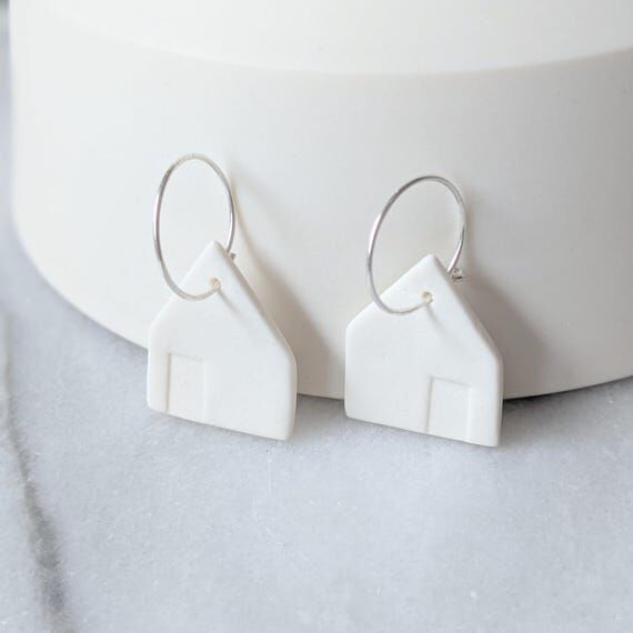 Handmade Porcelain House Earrings, Minimalist...