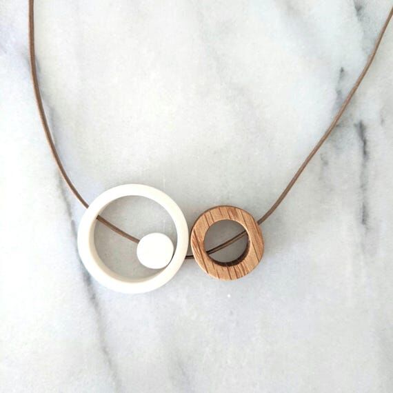 ceramic and oak circle trio necklace / geomet...