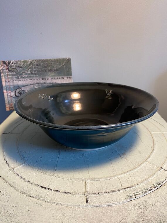 Large Black Pottery Bowl, Handmade Carved Cer...