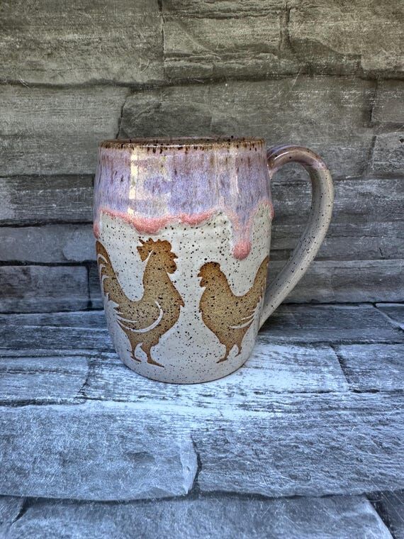 No 2 - Pink pottery mug, chicken mug, rooster...
