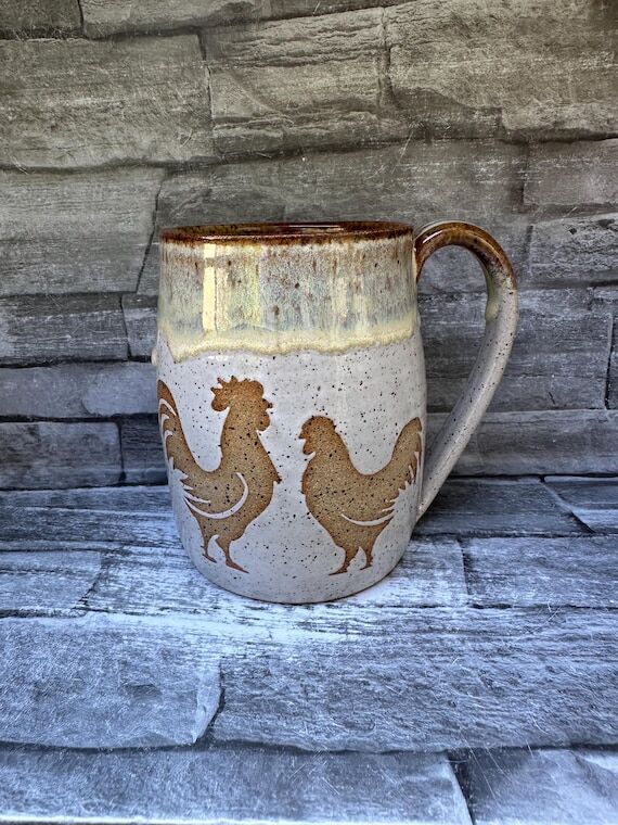 No 2 - Golden pottery mug, chicken mug, roost...