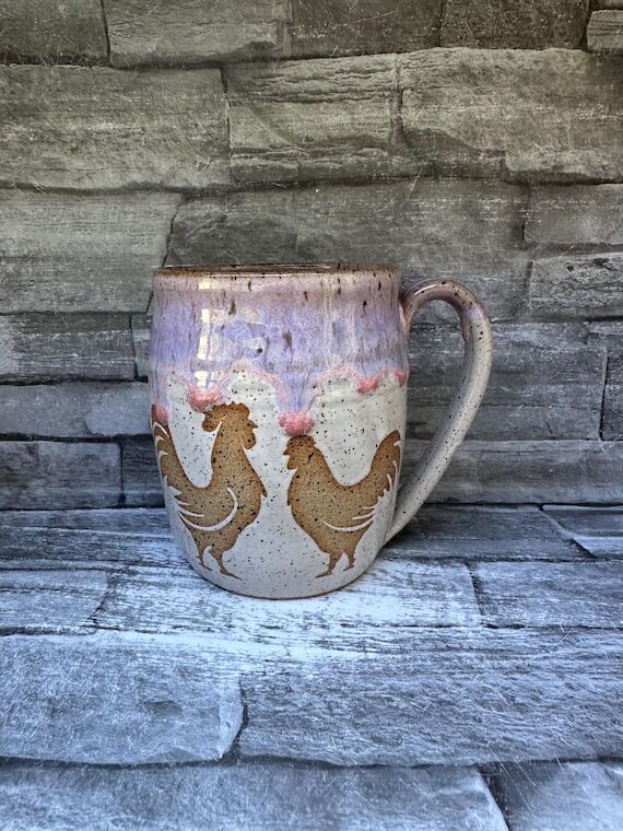 No 1 - Pink pottery mug, chicken mug, rooster...