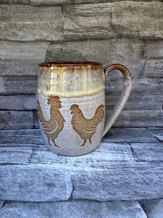 No 1 - Golden pottery mug, chicken mug, roost...
