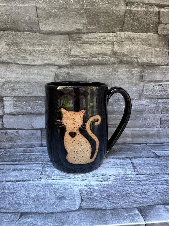Pottery mug, cat mug, black cat mug, kitty mu...