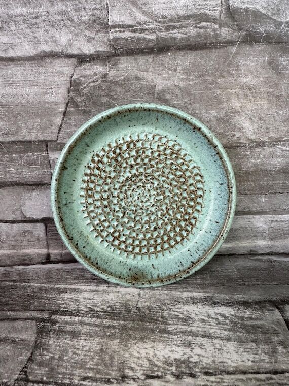 Pottery garlic grater, weahtered teal garlic ...