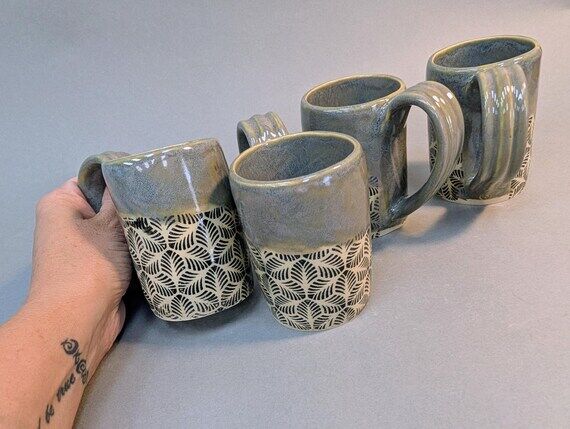 Handmade Ceramic Mugs Set of 4 - Seafoam with...