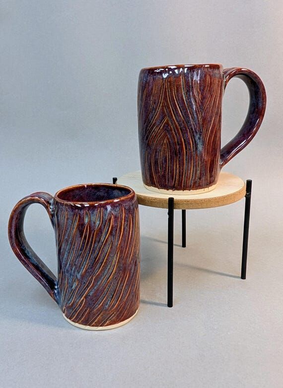 Handmade Ceramic Carved Mug Set - Firebrick C...