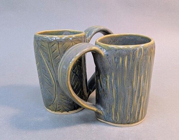 Handmade Ceramic Pair of Carved Mugs - Seafoa...