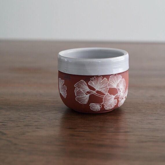 Handmade Ceramic Ginkgo Cup: Terra Red Clay T...