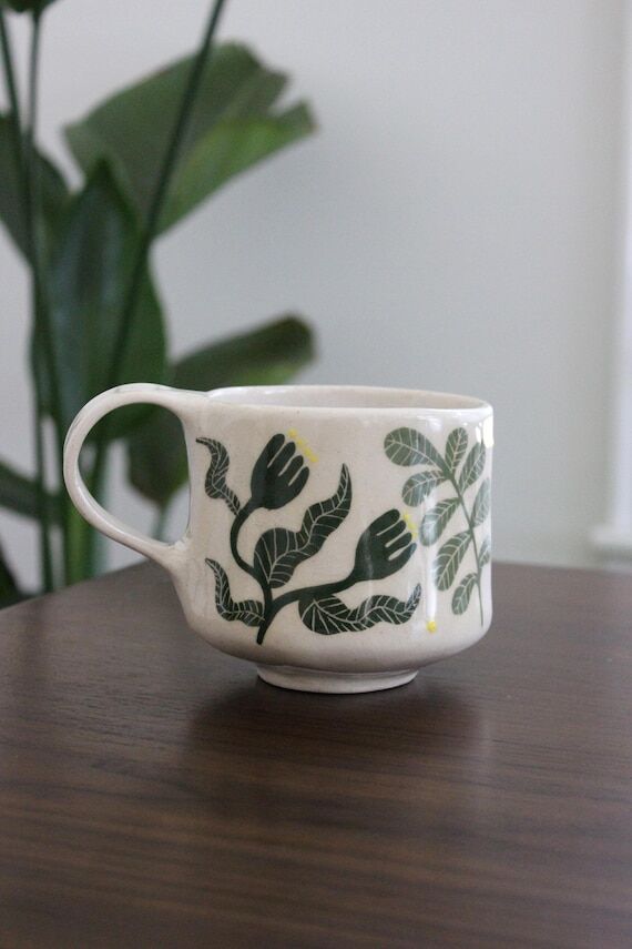 Floral Monochrome Handmade Ceramic Mug - Hand...
