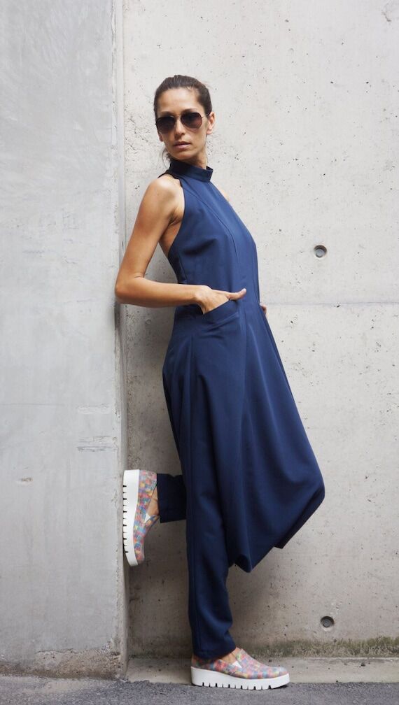 Navy Drop Crotch Jumpsuit, Sleeveless Racer B...