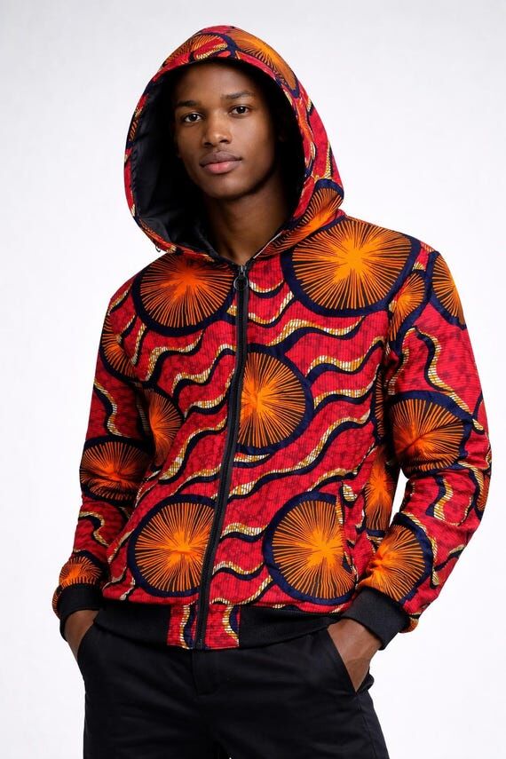 Vibrant African Print Hooded Jacket: Unisex A...