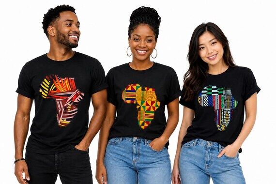 African Print T-Shirt: Embroidered Map of Afr...