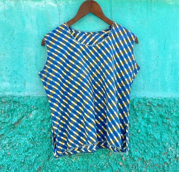 1950s Vintage Gingham Blouse: Blue Beaded Sle...