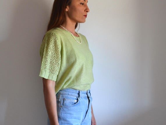 Pastel green 3d jacquard knit short sleeved s...