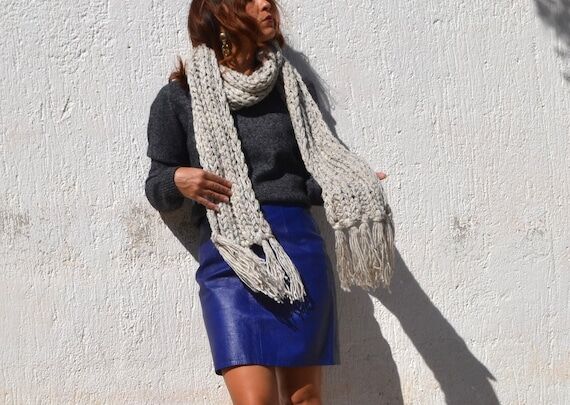Handmade long ivory/black/brown wool blend c...