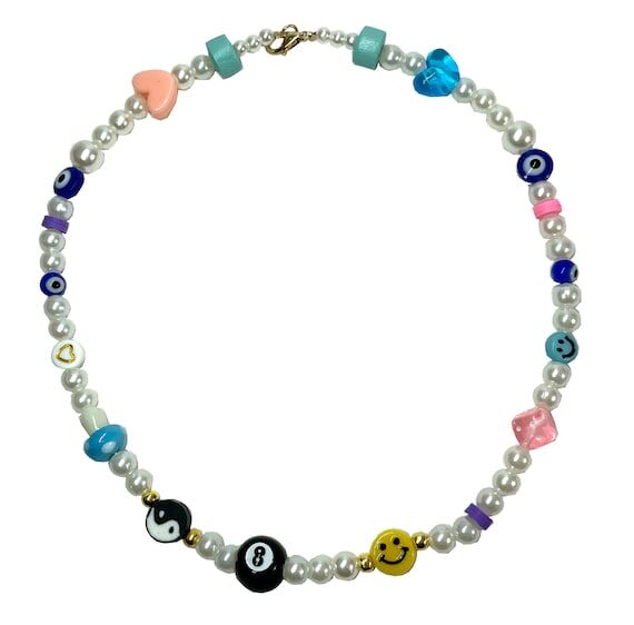 Y2K Beaded Pearl Necklace: Smiley Face, 8 Bal...