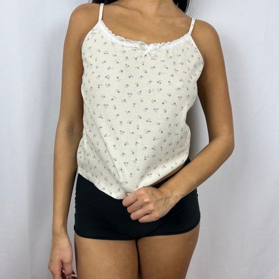 Floral Tank Top: Y2K Coquette Lace Trim Bow D...