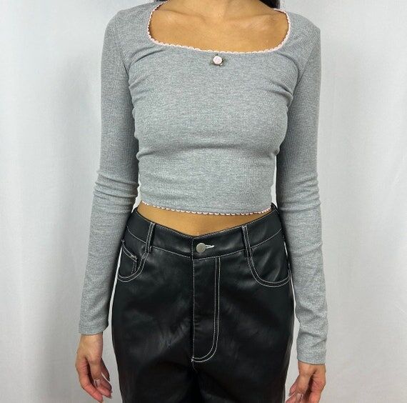 Y2K Babydoll Top: Grey Long Sleeve with Pink ...