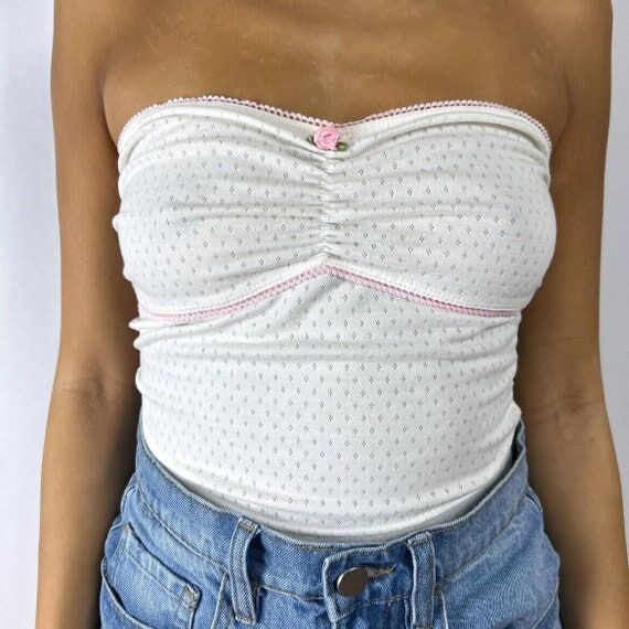 Y2K White Tube Top: Pink Rosette Coquette Cro...