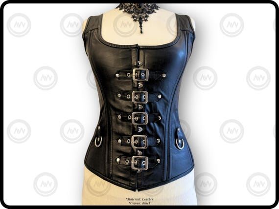 Handmade Black Leather Overbust Corset: Steel...