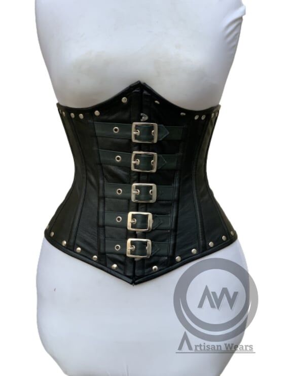 Handmade Black Leather Underbust Corset: Stee...