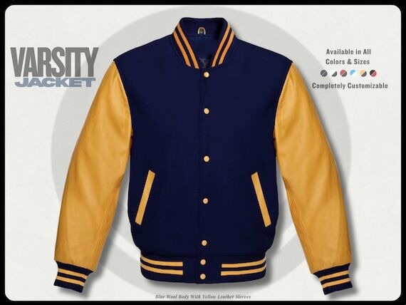 Blue Wool Varsity Jacket: Gold Leather Sleeve...