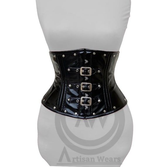 Handmade Black PVC Underbust Corset: Steel Bo...