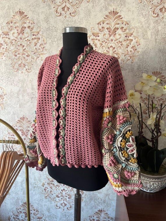 Handmade Pink Crochet Cardigan – Mandala Sl...