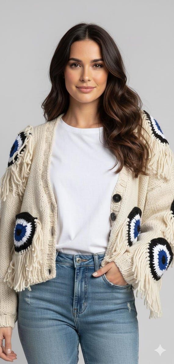 Hand Knit Evil Eye Cardigan, Boho Fringe Swea...
