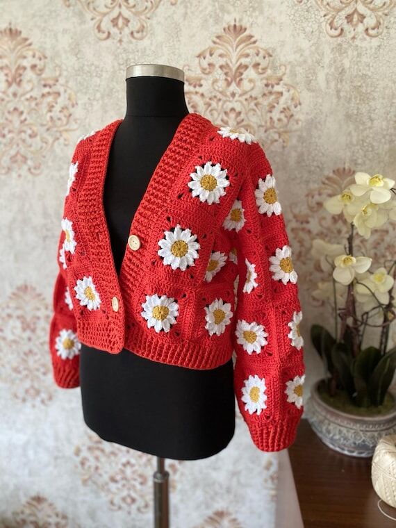 Red Daisy Crochet Cardigan: Handmade Floral G...