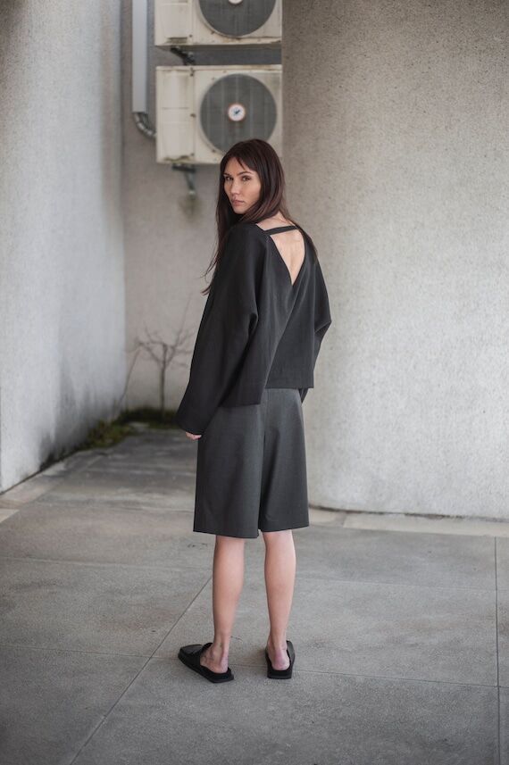 Linen Kimono Top, Oversized Blouse, Deep V Ne...