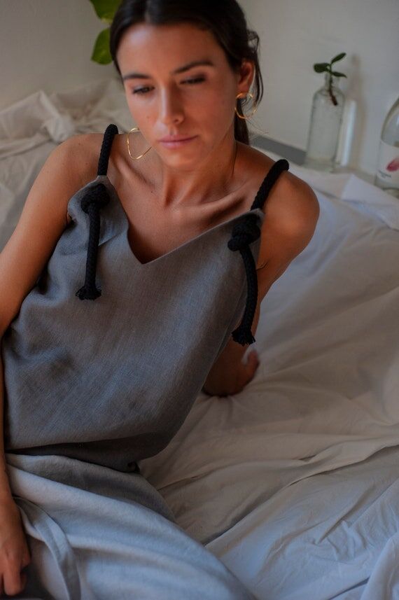 Linen V-Neck Strappy Top, Cotton Cord Blouse,...