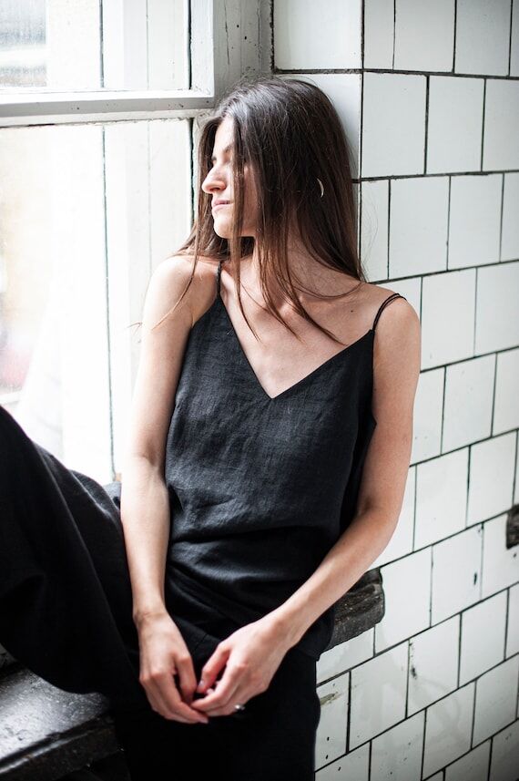 Linen Strappy V-Neck Blouse, Summer Top...