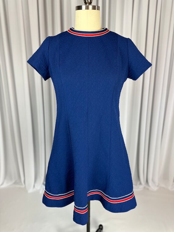 60s Vintage Mini Dress: Navy Blue A-Line, Red...